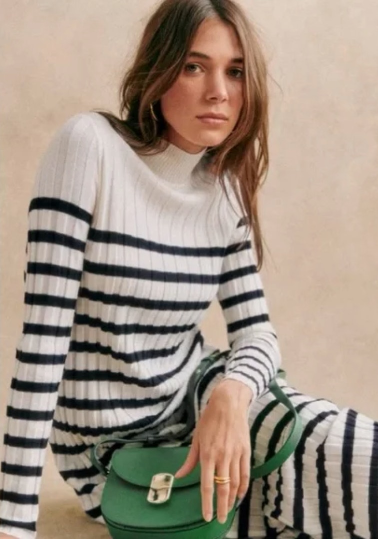 Sezane | Katrina Striped Knit Sweater Dress In Ecru Navy Cream Xl